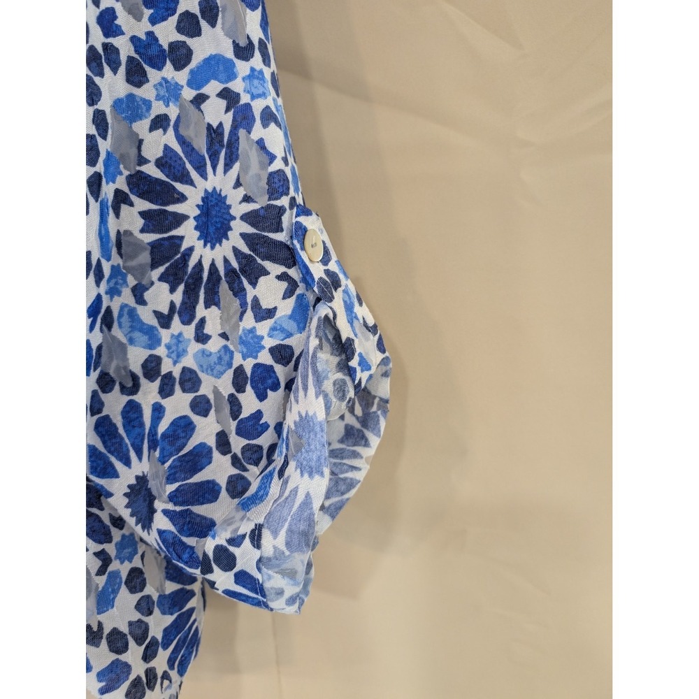Ruby Rd. Woman 16W Blue Floral Blouse Roll Tab Sleeve Sheer Lightweight Top - Picture 2 of 5